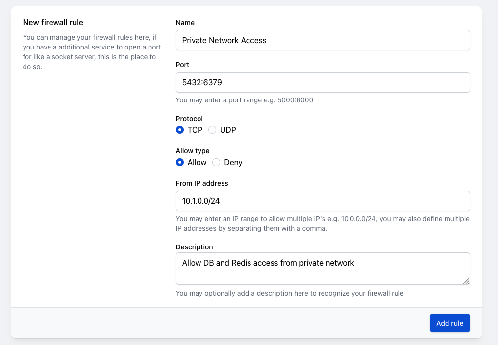 A screenshot of the firewall rules UI from Ploi