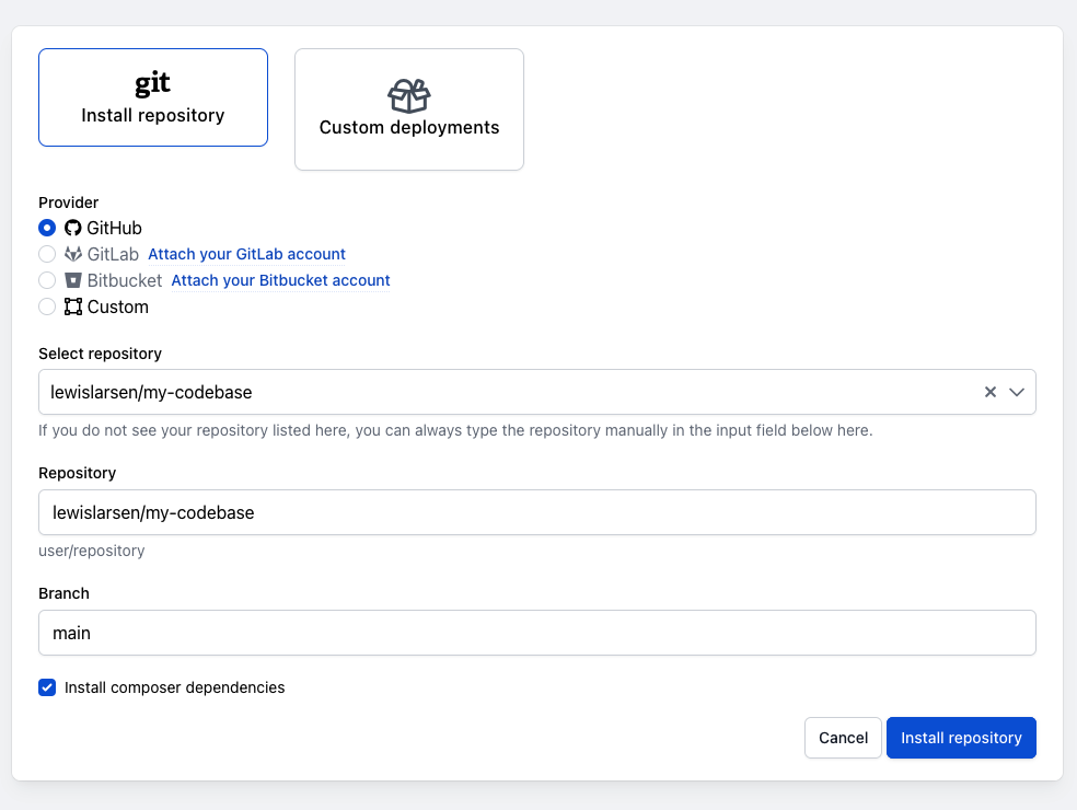 A screenshot of the install repository UI from Ploi