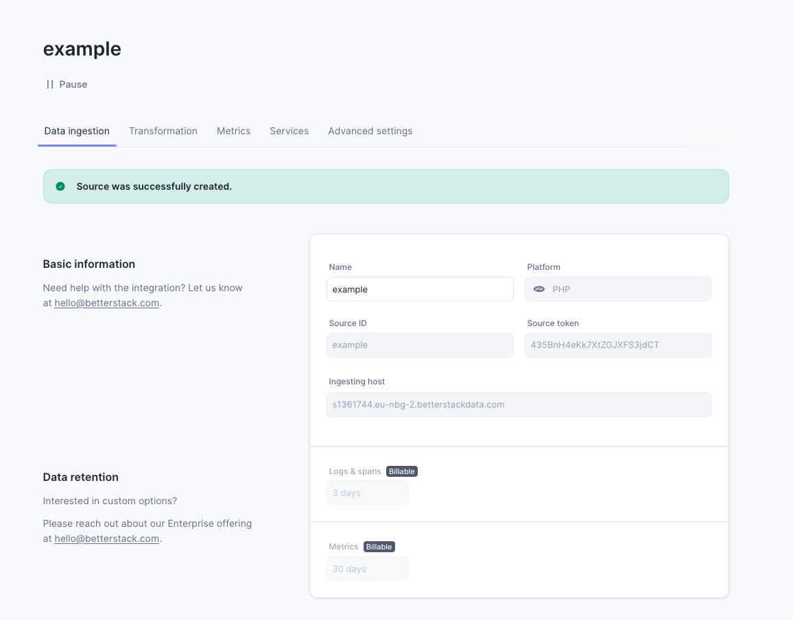 A screenshot of the credentials on BetterStack